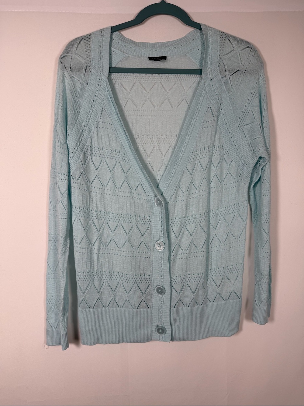 Powder Blue Openwork V‑Neck Button Cardigan Dainty Feminine Ballet Pilates